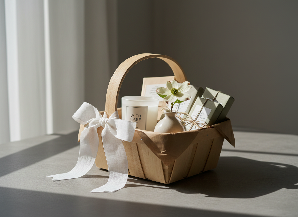 An elegant, meticulously arranged gift basket sits atop a matte stone tabletop, featuring a refined blend of textured kraft paper, crisp white linen ribbon, and pale wooden accents. The basket contains thoughtfully selected items: a minimalist white candle in a frosted glass jar, a delicate ceramic bud vase with a single dogwood blossom, and luxuriously packaged small-batch treats in neutral wraps. Diffused morning light streams in from the left, casting subtle highlights and gentle shadows that add depth while maintaining a serene, uncluttered mood. The centered composition, shot at eye-level with a shallow depth of field, places emphasis on quality and detail, reflecting sophisticated photographic realism with a muted, modern palette—perfectly capturing the spirit of With Care Co.