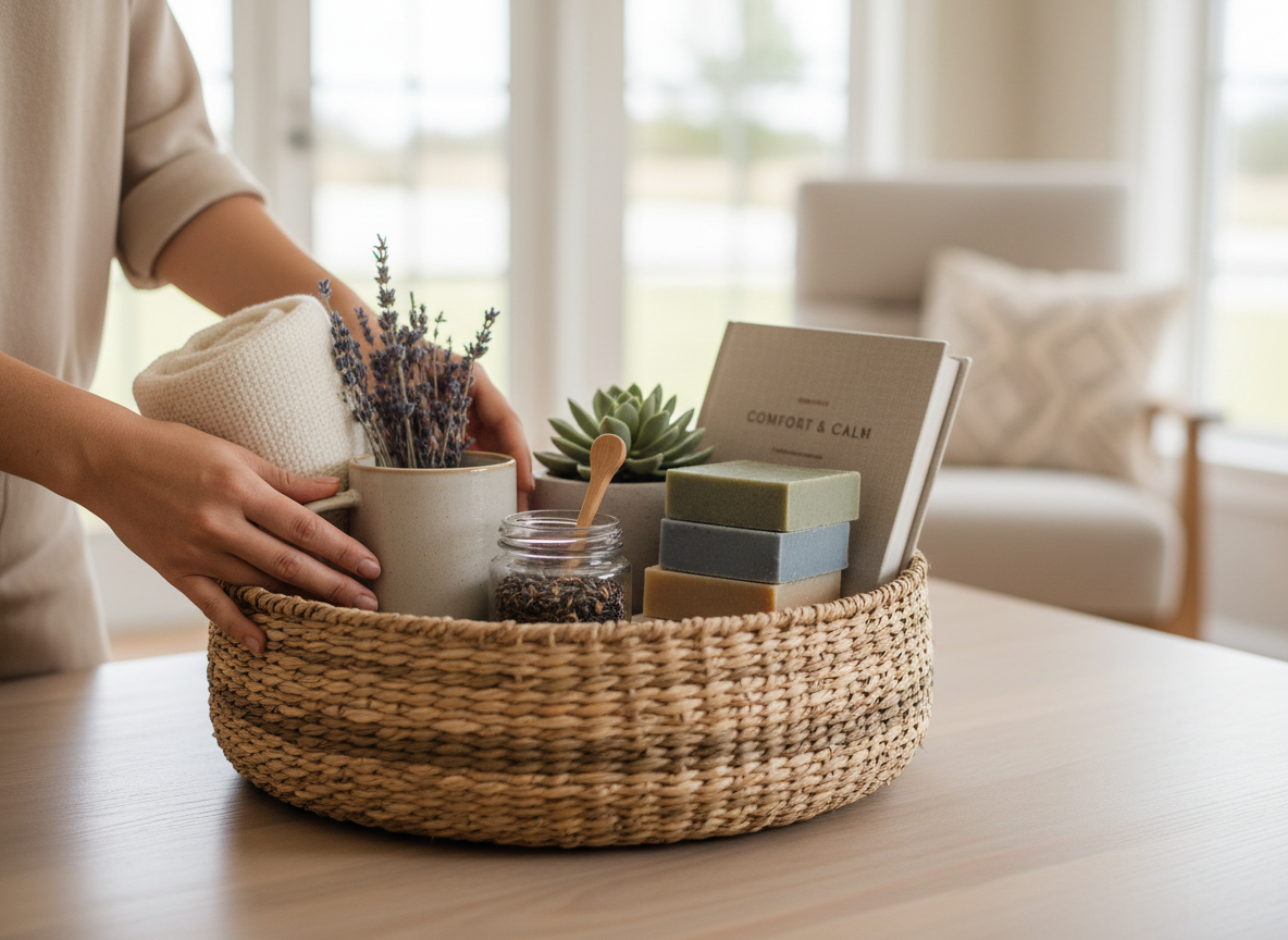 thoughtful preparation of a modern, caring gift basket in a woven basket with natural colors, designed as a wide banner image